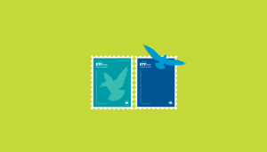 Two stylised postage stamps with graphic birds, one is shades of green , the other in shades of blue, against a pea-green background