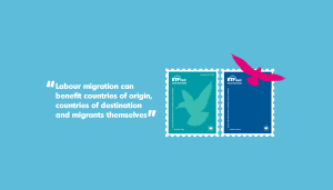 A quotation in white related to labour migration, against a baby blue background, with the image of two stylised postage stamps, one green and one blue, each featuring a bird icon in different poses