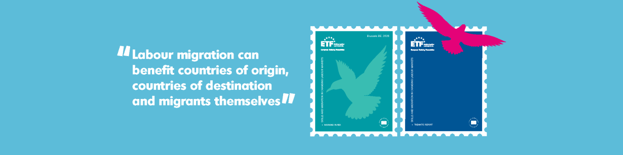 A quotation in white related to labour migration, against a baby blue background, with the image of two stylised postage stamps, one green and one blue, each featuring a bird icon in different poses